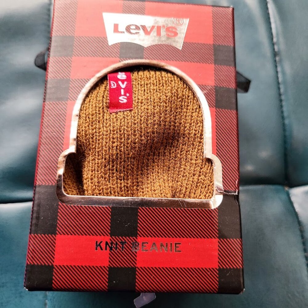Brown Knit Beanie Mens Womens Winter Levis Sock Hat One Size Ribbed Tan Unisex - Picture 2 of 12